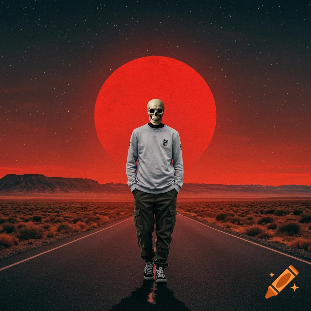 A skeleton in cargo pants and sweatshirt walks on a road through a desolate landscape under a large red sun and starry sky.