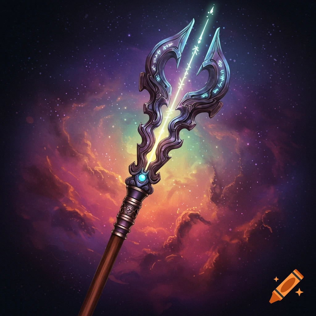 A stylized magic staff with glowing runes against a colorful nebula background.