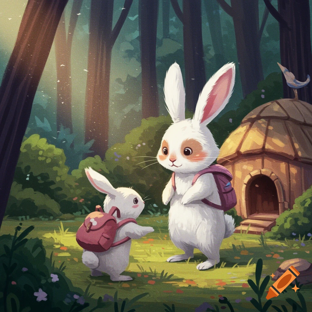 Two cartoon rabbits with backpacks in a forest clearing near a hut, illustration style.