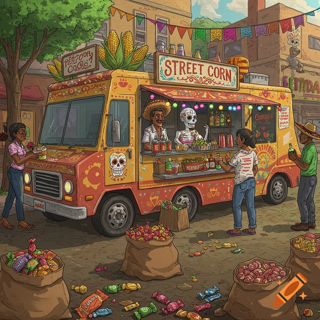 A colorful street corn food truck with people, a skeleton, and bags of candy in a festive street scene.