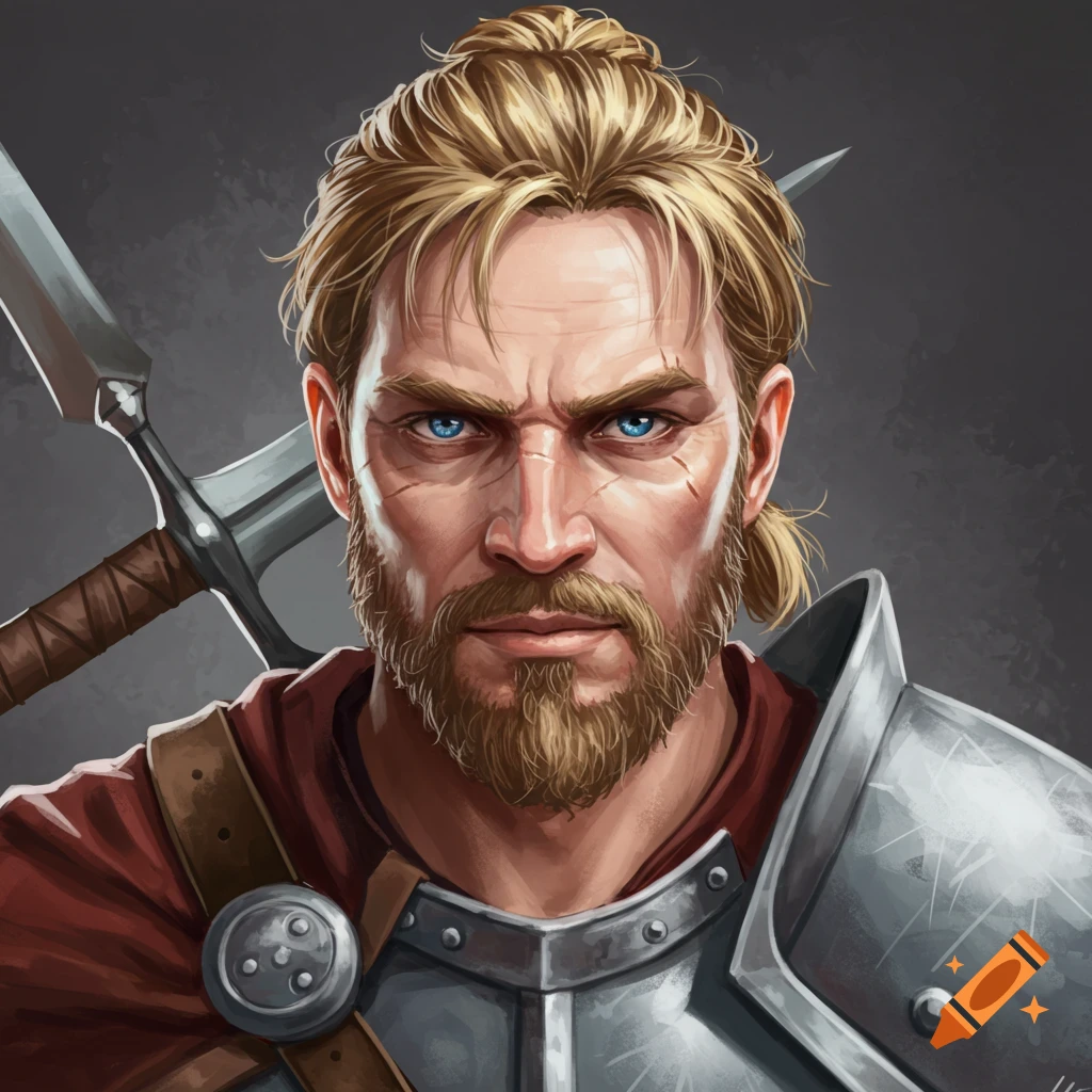A male warrior with blond hair, beard, blue eyes, and armor, holding a sword.