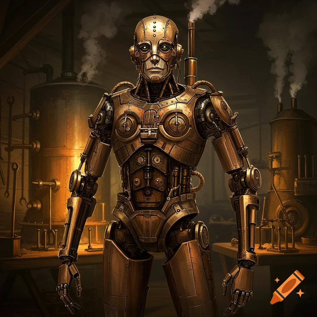 A detailed depiction of a bronze steampunk automaton standing in a workshop with large boilers.