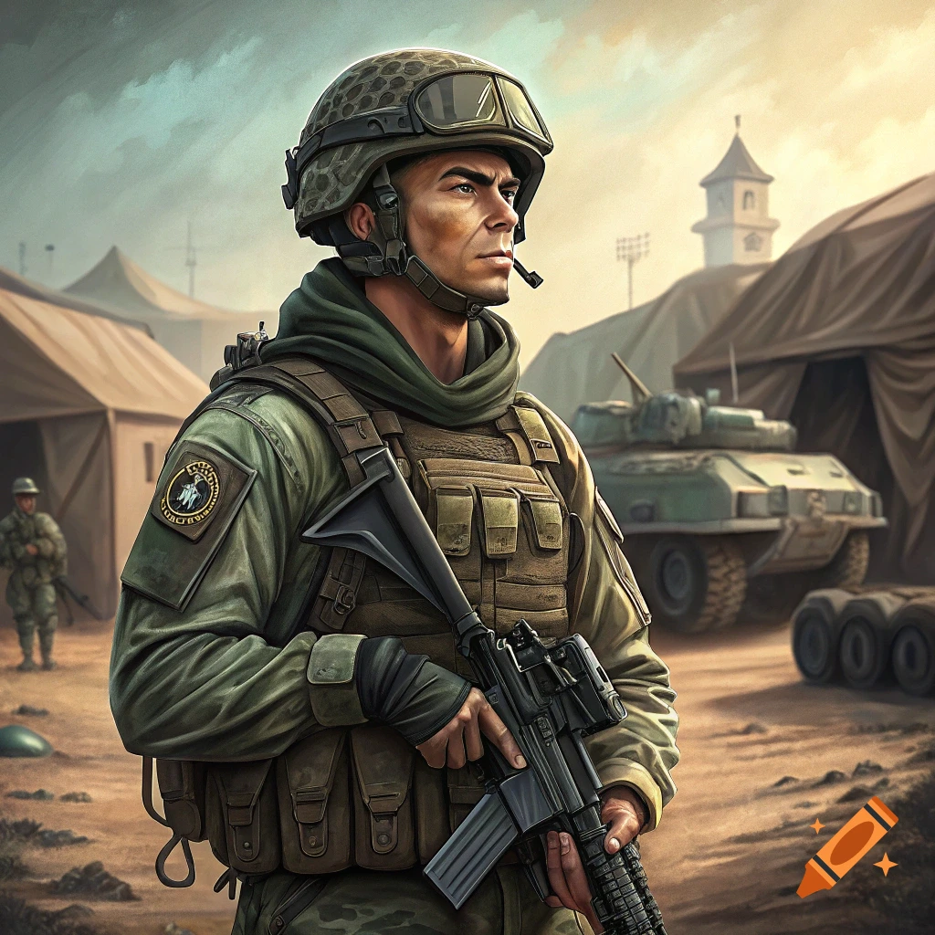 A soldier stands holding a rifle in a military camp with tents and a tank in the background.