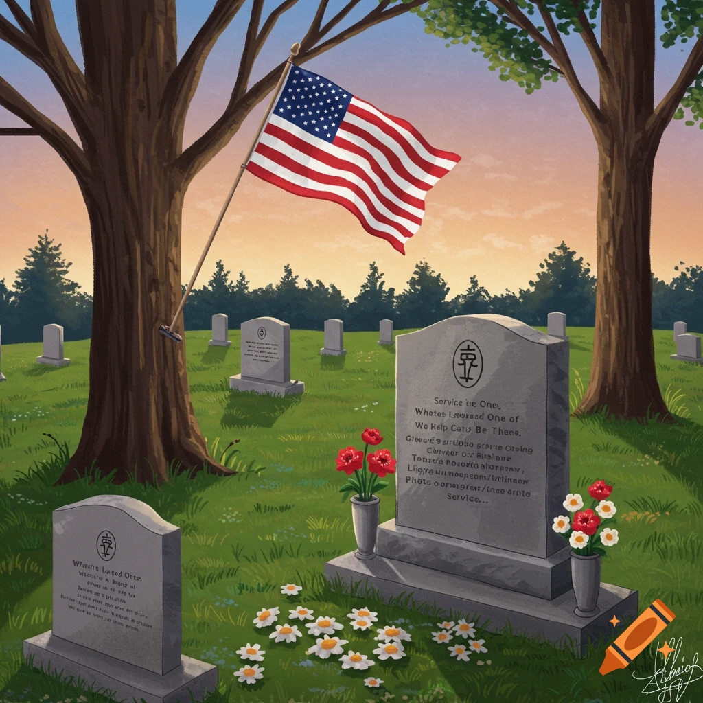 A cemetery scene with gravestones, flowers, and an American flag flying from a large tree.