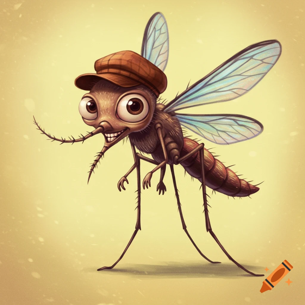 A cartoon illustration of a personified mosquito wearing a newsboy cap.