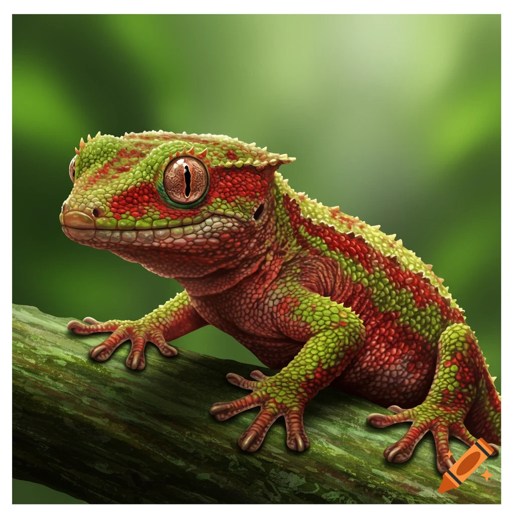 A red and green gecko sits on a mossy branch.