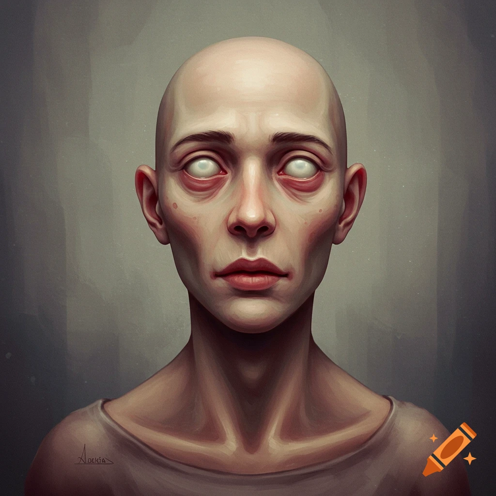Portrait of a bald person with pale skin and wide, milky-white eyes, evoking an uncanny valley effect.
