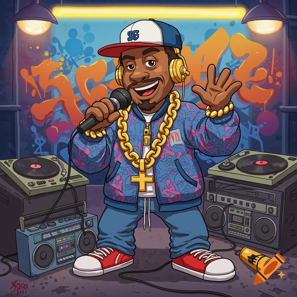 Cartoon hip-hop artist with microphone, gold chains, cap, and patterned jacket, standing between turntables and a boombox with graffiti background.