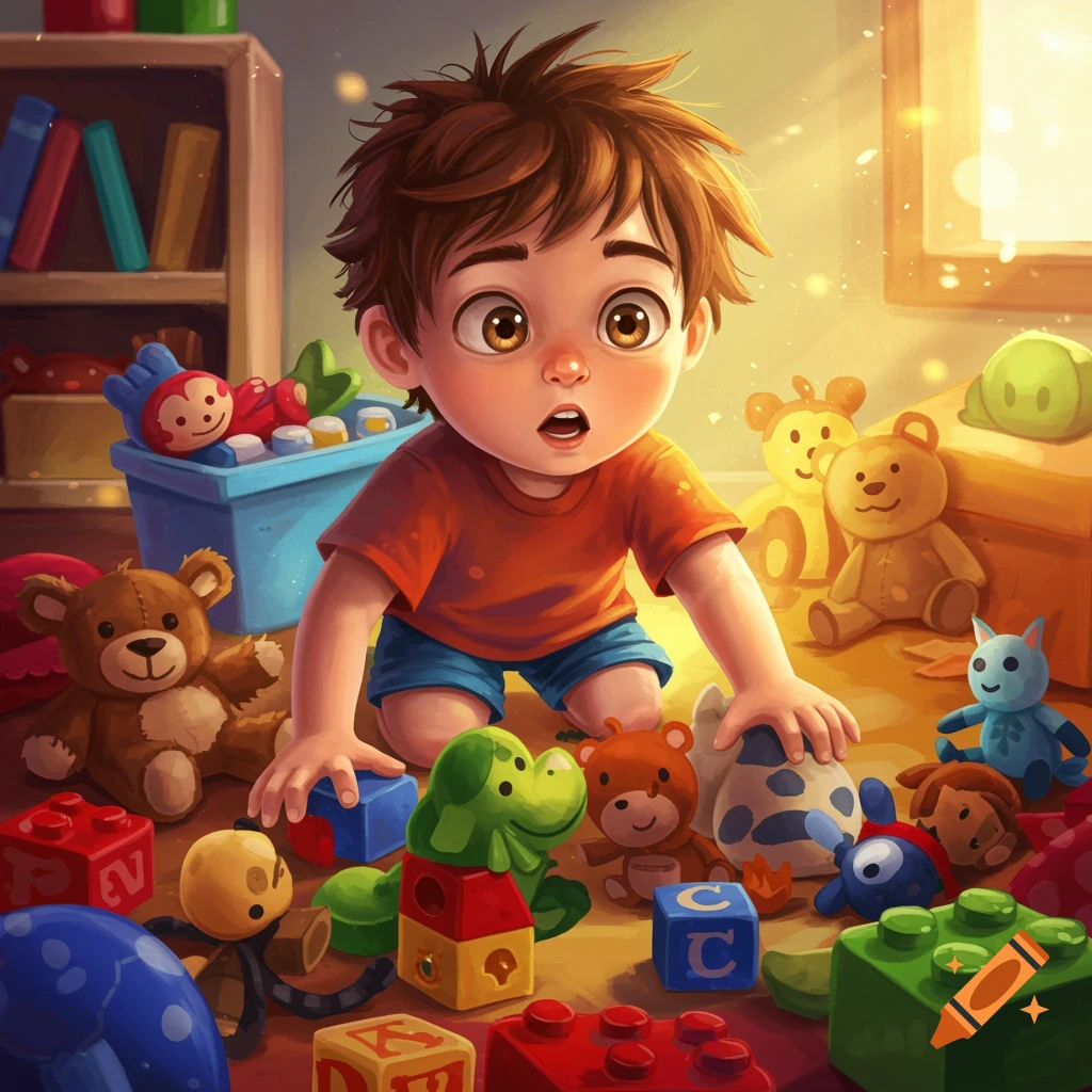 An illustration of a young child kneeling amidst scattered toys, looking surprised.
