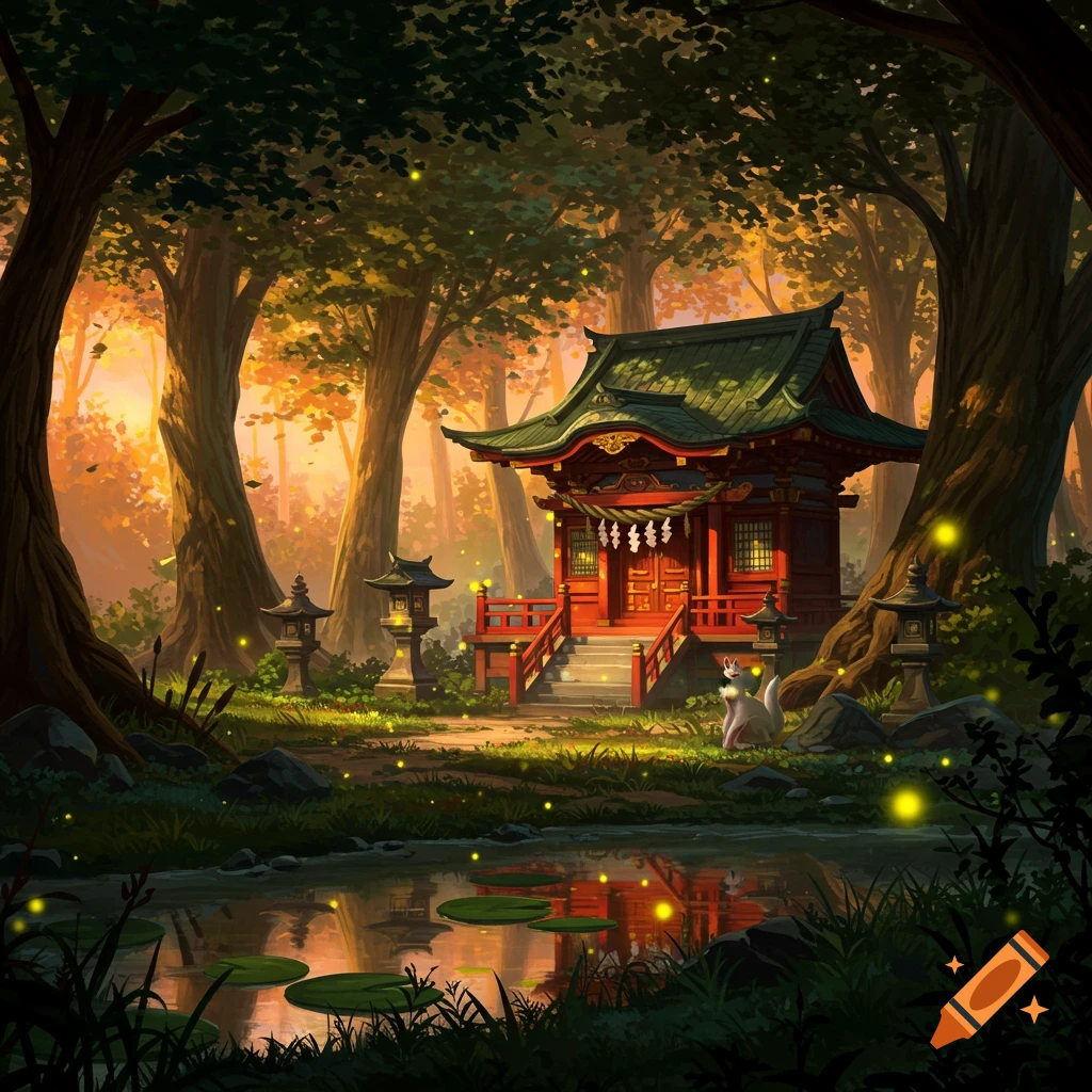A red Japanese shrine in a forest at dusk with fireflies and a small white animal.