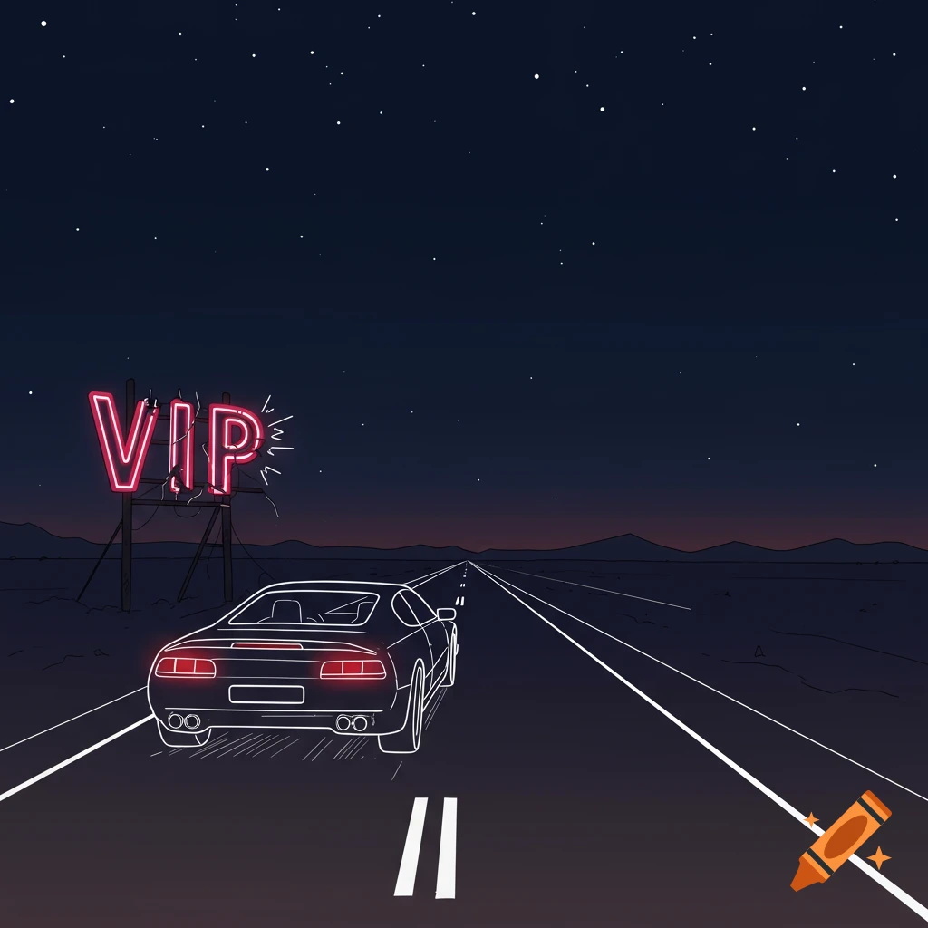 Line drawing of a sports car driving on a road at night under a broken VIP neon sign.