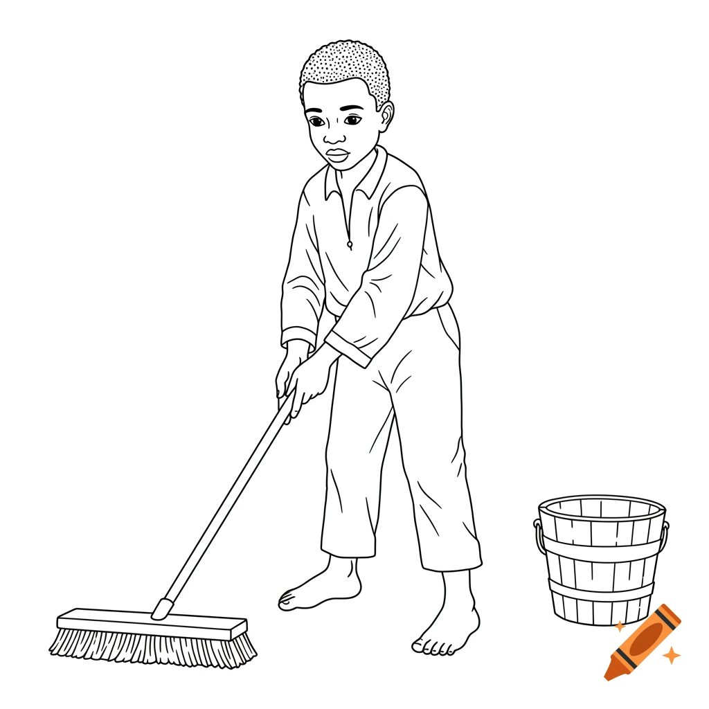 Black and white line drawing of a boy sweeping with a broom next to a bucket.