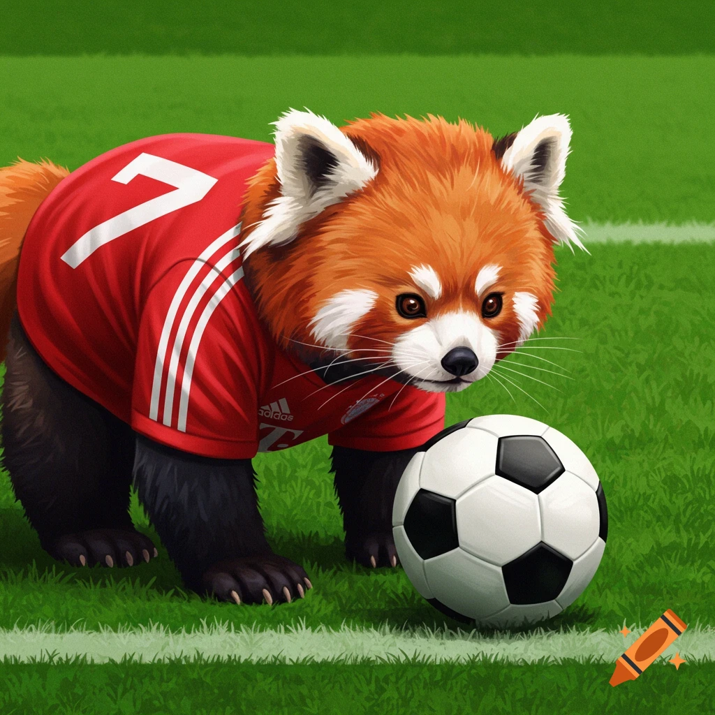 A red panda wearing a red soccer jersey with the number 7 stands next to a soccer ball on a green field.