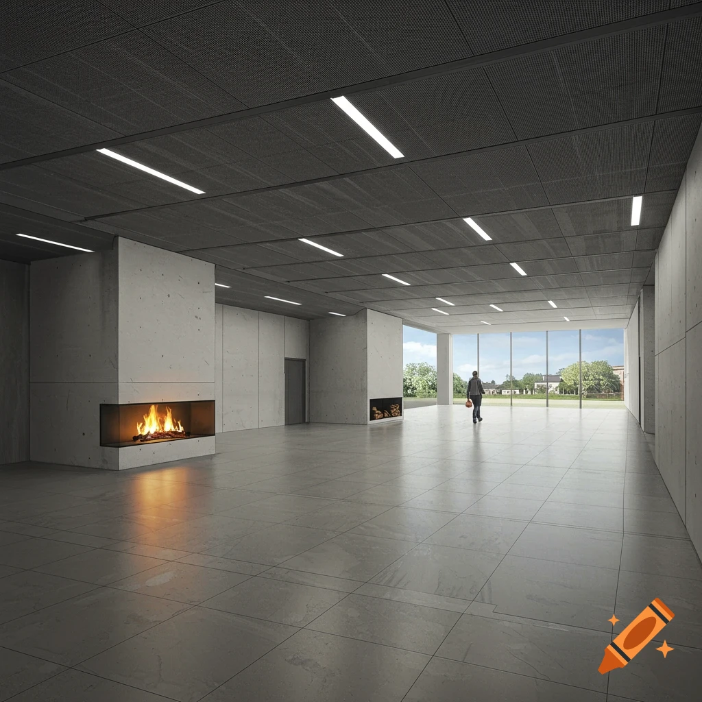 Realistic rendering of a modern interior space with concrete walls, two fireplaces, a large window, and a person walking.