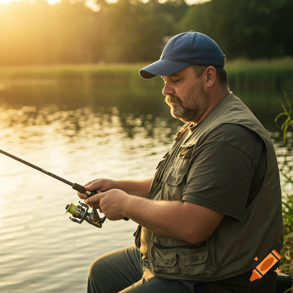 A man fishing on a lake at sunset.