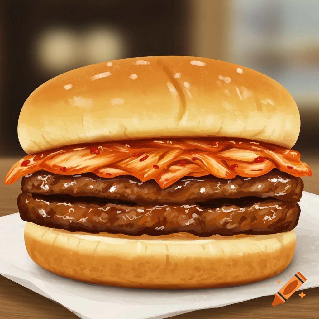 A double patty burger topped with kimchi on a bun.