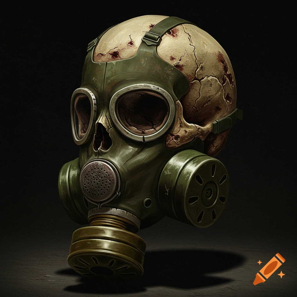 A skull wearing a green gas mask against a dark background.