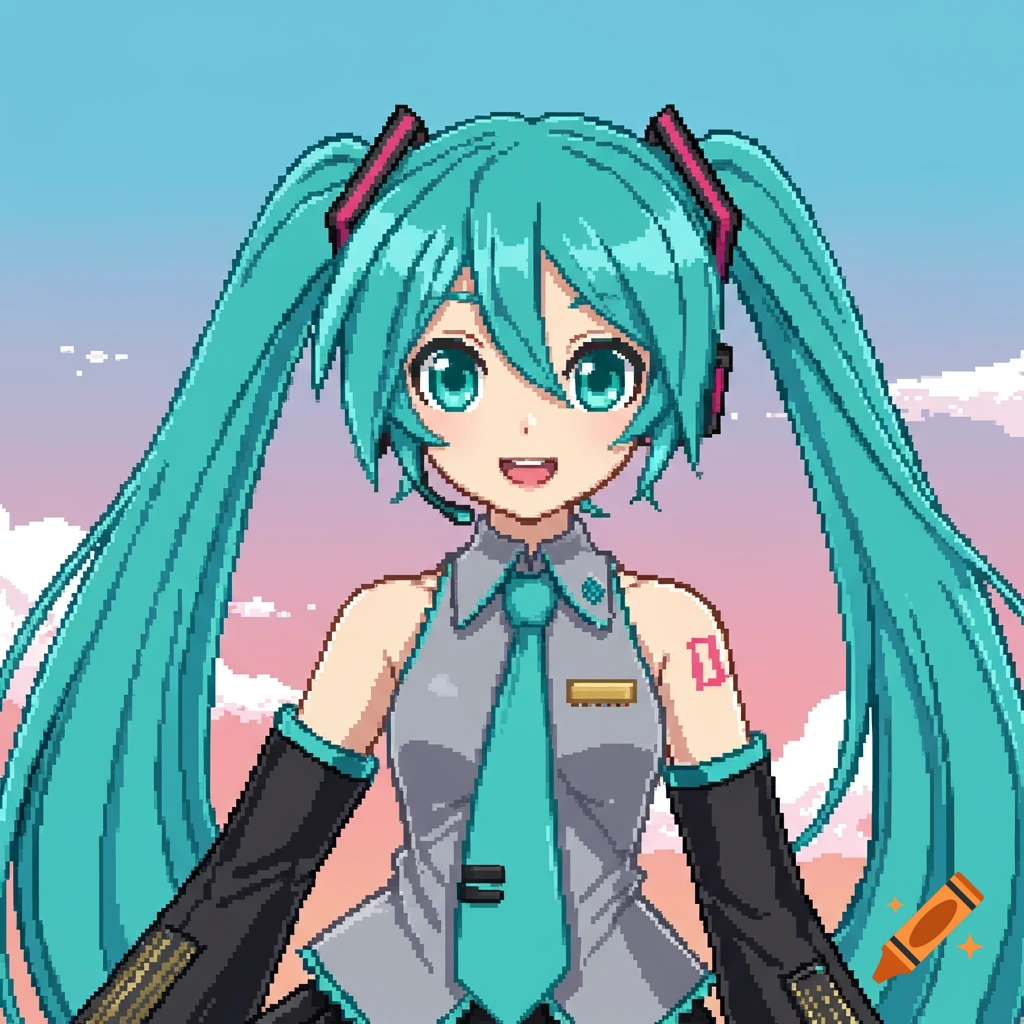 Pixel art portrait of Hatsune Miku.