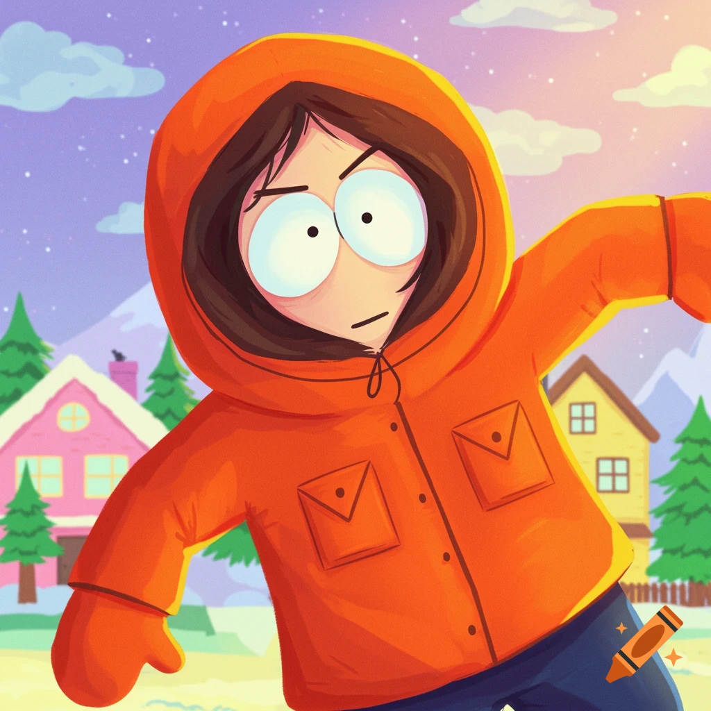 Kenny McCormick from South Park in his orange parka in a snowy South Park town