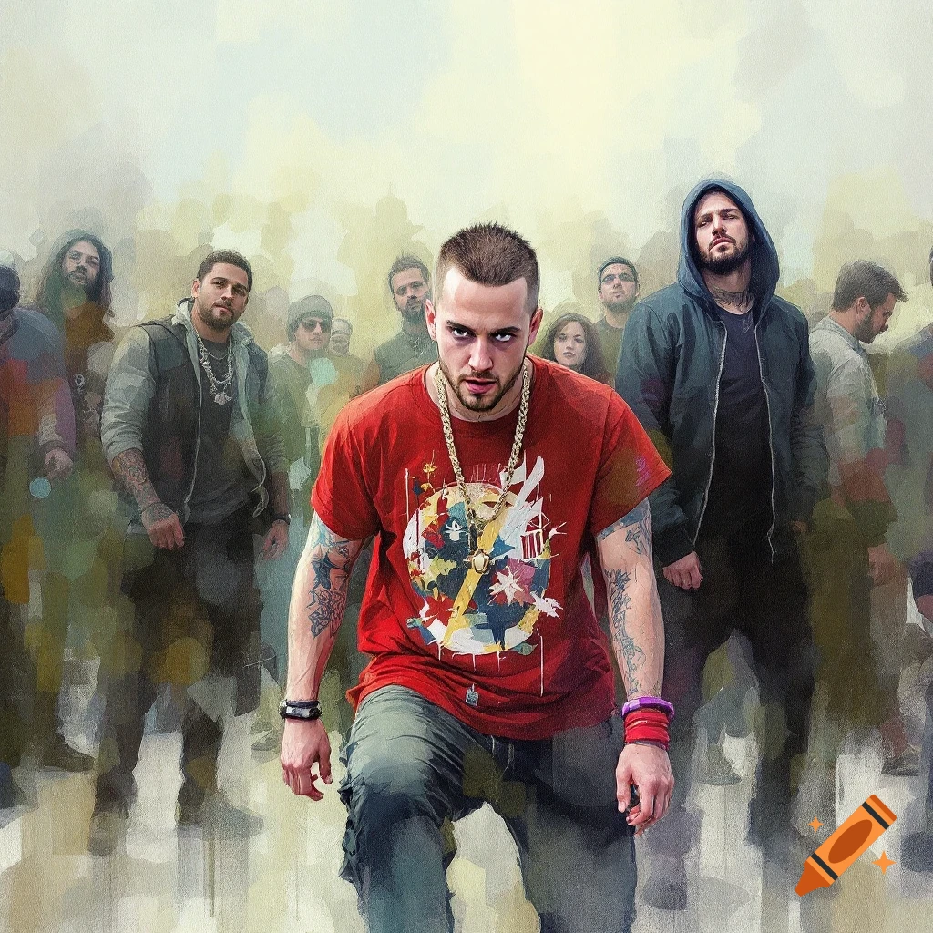 A group of people in a gritty style, with a figure in a red shirt and gold chain kneeling in the foreground.