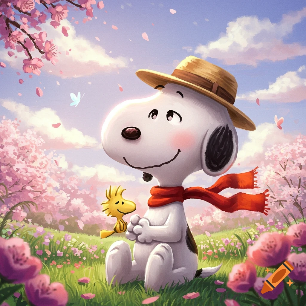 Snoopy and Woodstock sit in a field of flowers and cherry blossoms.