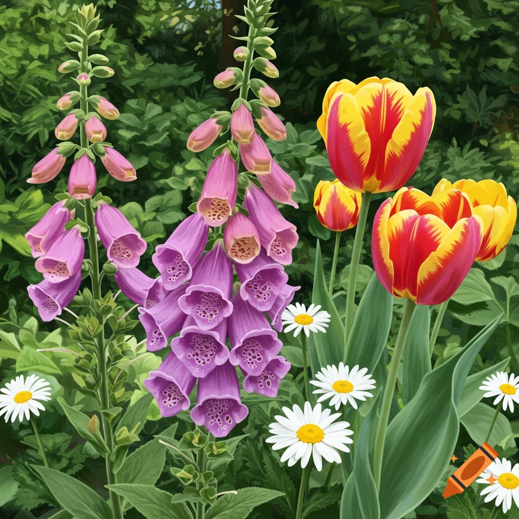 A vibrant field of purple foxgloves, red and yellow tulips, and white daisies.