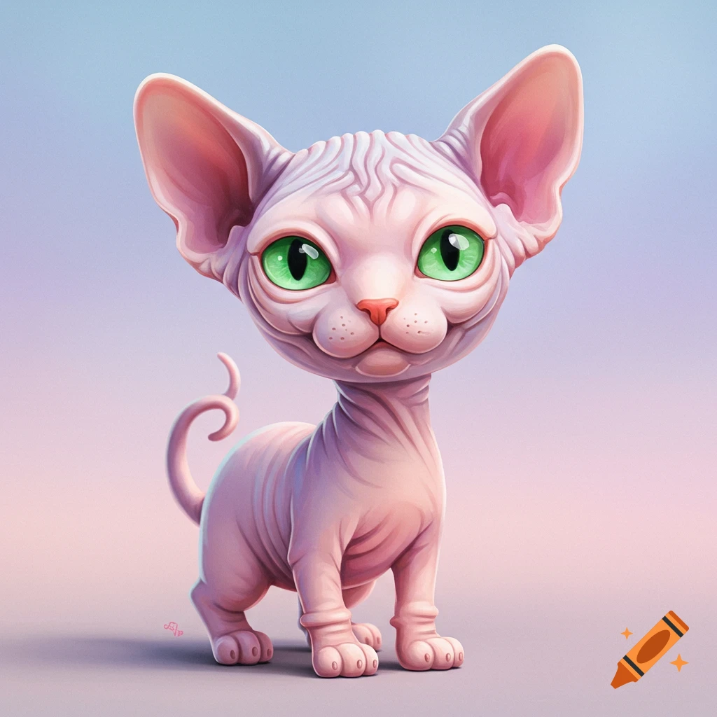 A cute, stylized depiction of a pink Sphynx cat with large green eyes.