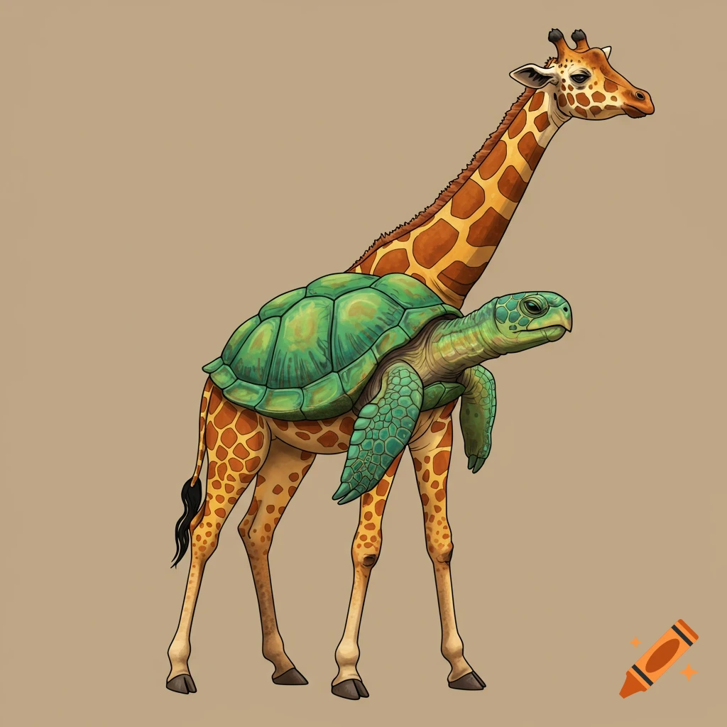 A giraffe with a turtle shell on its back.