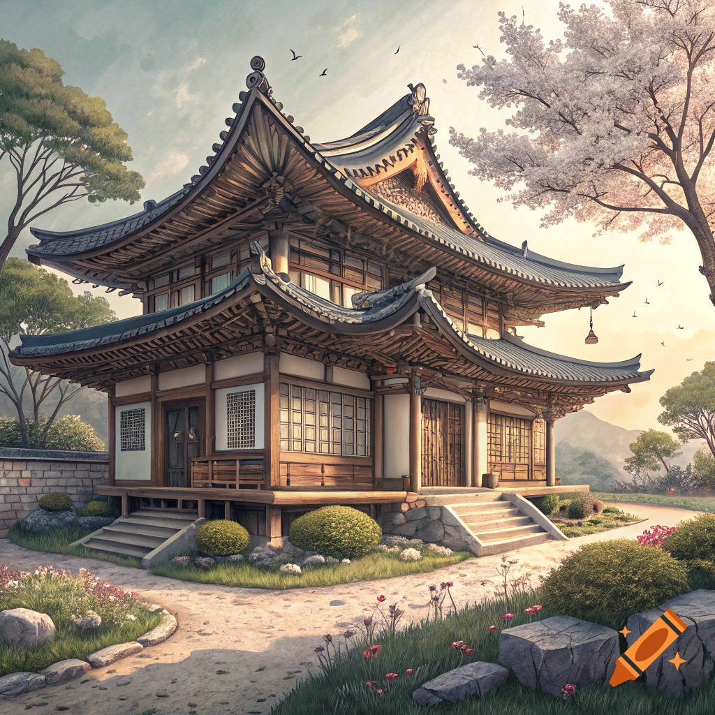 A traditional East Asian house with tiered roofs in a landscaped garden setting.