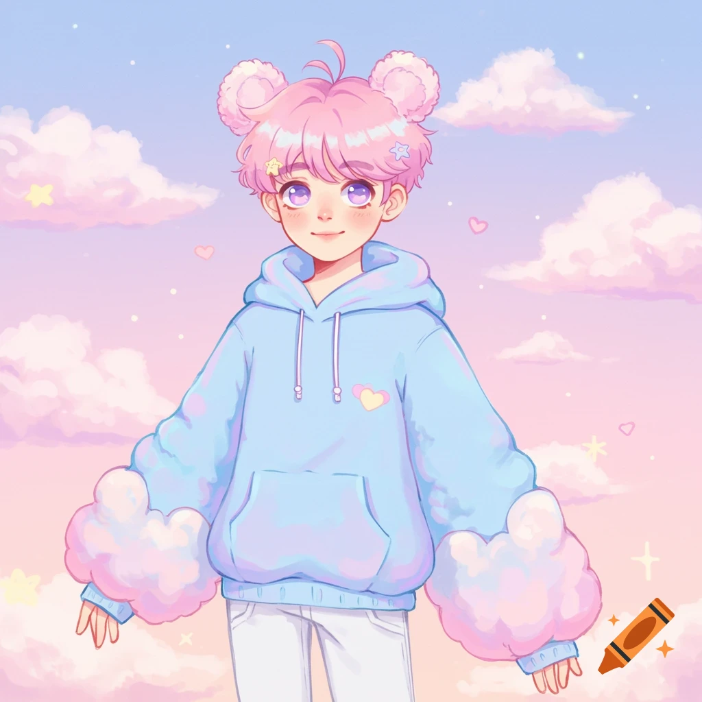 Anime character with pink hair and cloud sleeves standing in a pastel sky with clouds.