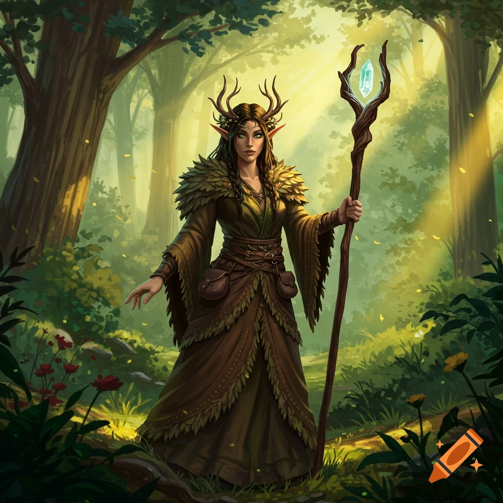 A female forest druid with antlers and a staff in a sunlit forest.