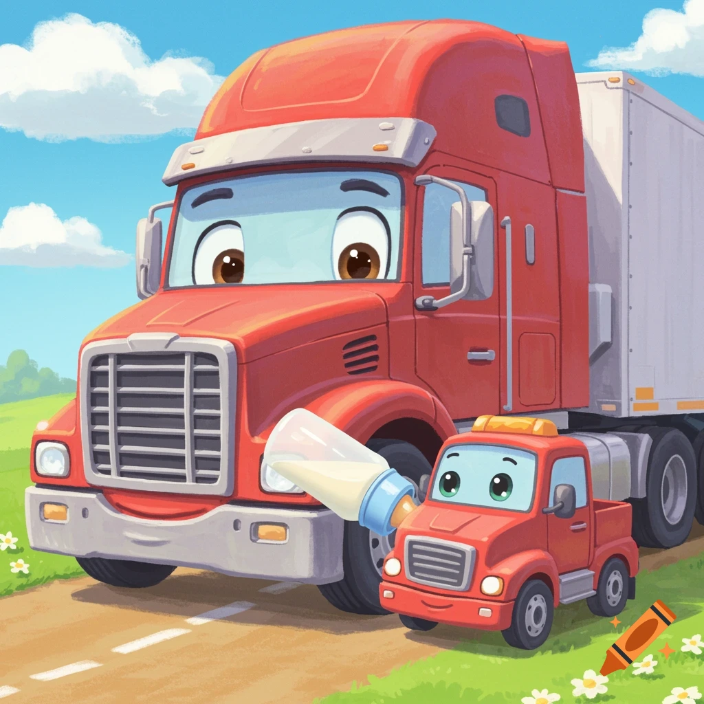 A large red cartoon truck feeds a smaller red cartoon truck with a bottle in a whimsical scene.