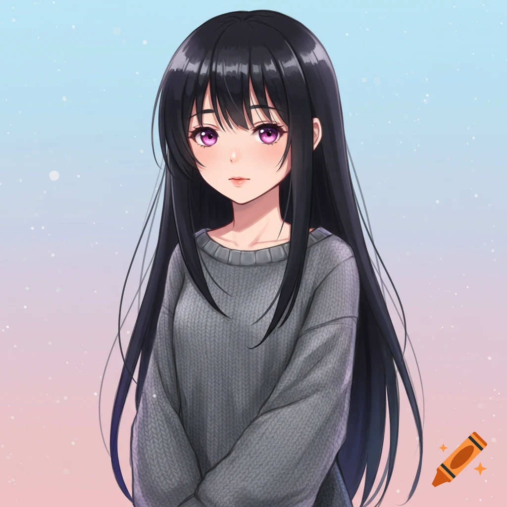 Anime portrait of a girl with long black hair and pink eyes, wearing a grey knitted sweater