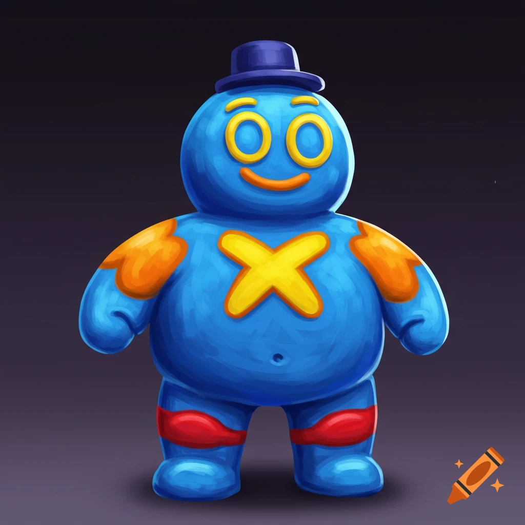 A blue cartoon dough man figure with yellow eyes, orange patches, a yellow X on its chest, red bands on its legs, and a dark blue hat.