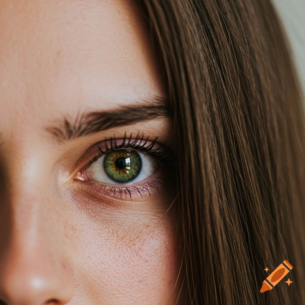 Close-up of a green hazel eye with long brown straight hair.