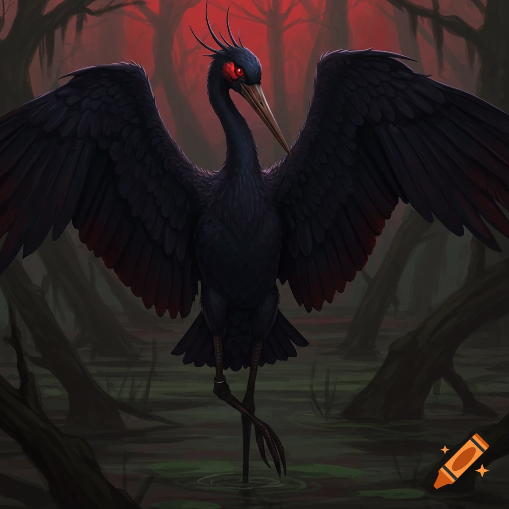 A menacing black crane with red eyes stands in a dark swamp against a red sky.