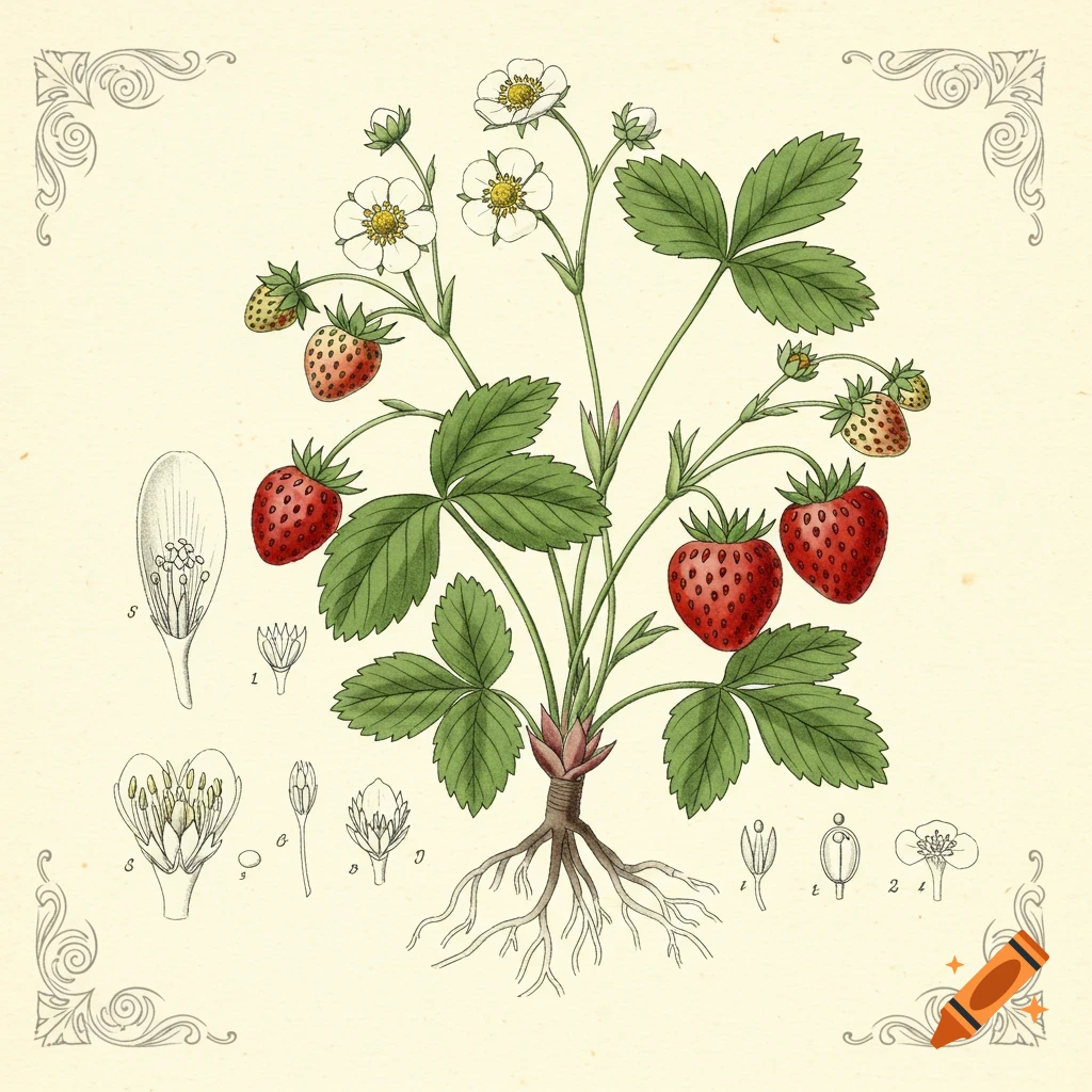 Vintage botanical watercolor illustration of a strawberry plant with flowers, berries, roots, and anatomical details.