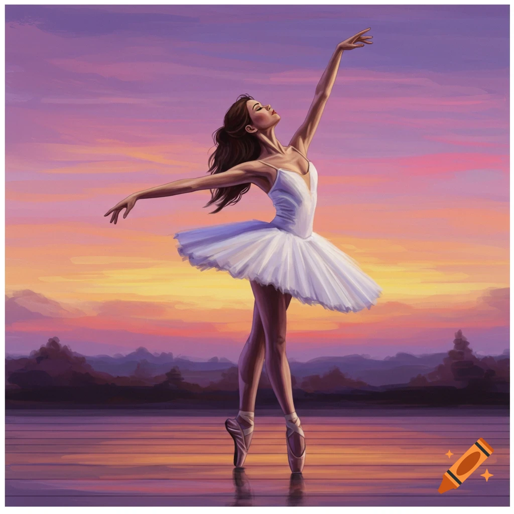 A ballerina in a white tutu dancing against a sunset sky.