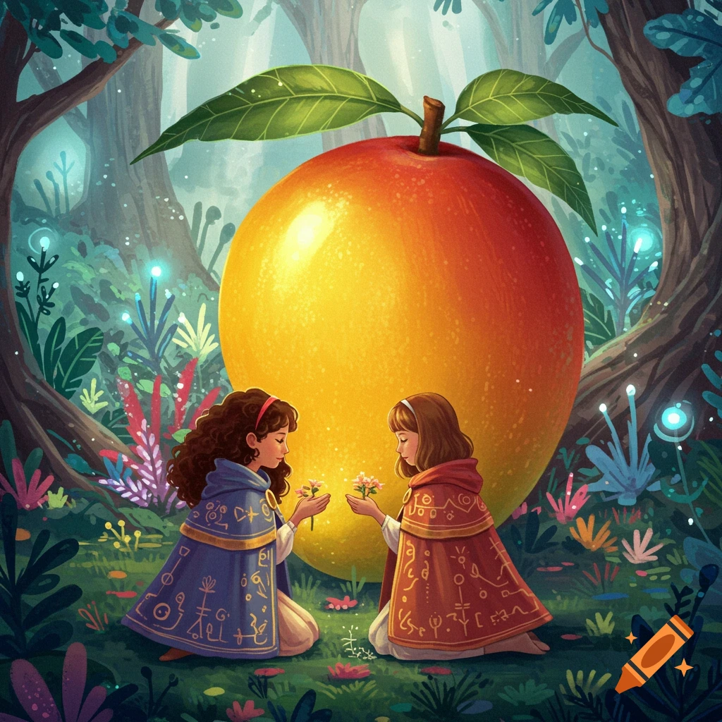 Two girls in cloaks kneel before a giant mango in a magical forest, illustration.