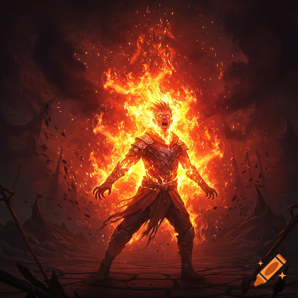 A person bursting into flames in a dark fantasy landscape.