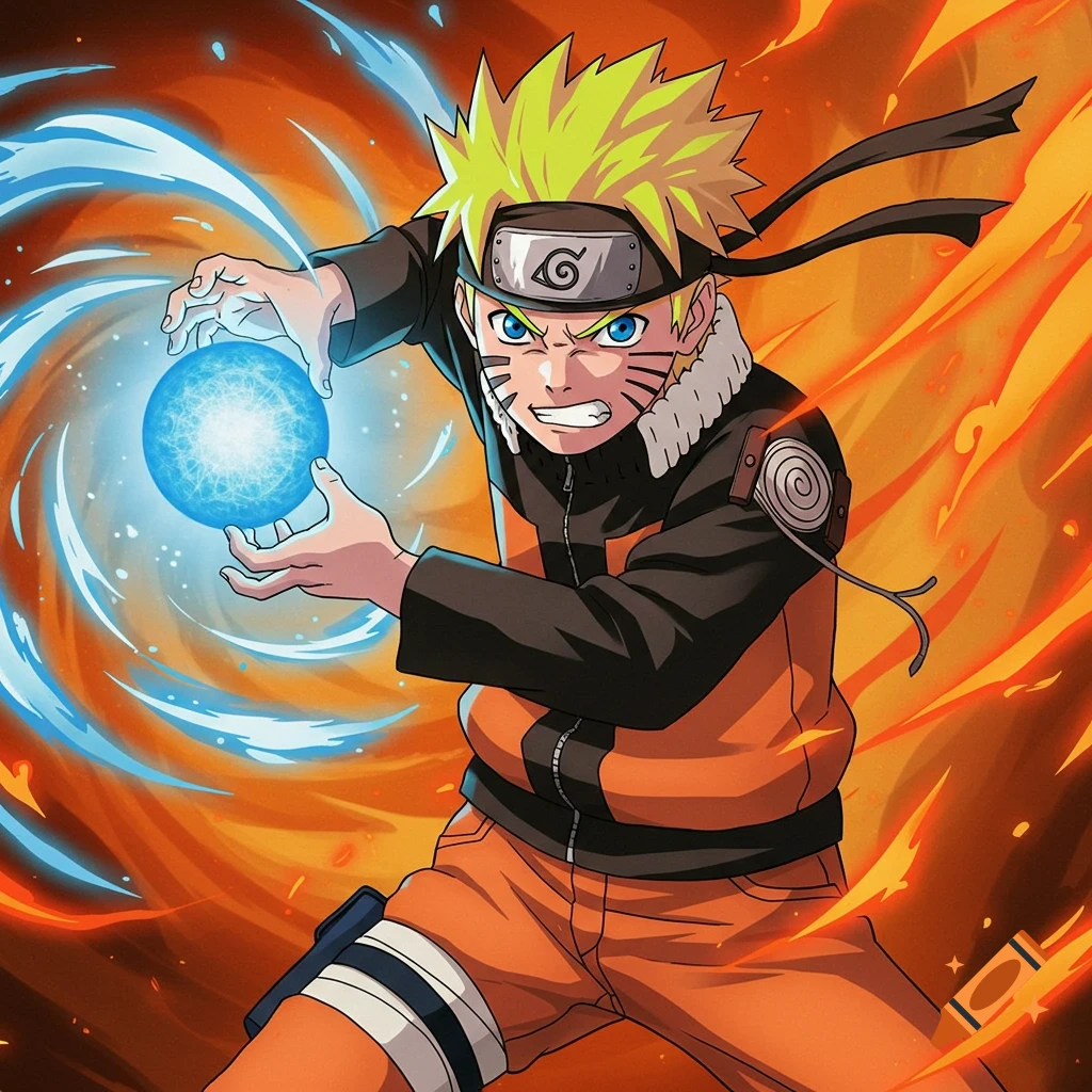 Anime illustration of Naruto holding a Rasengan with swirling energy.