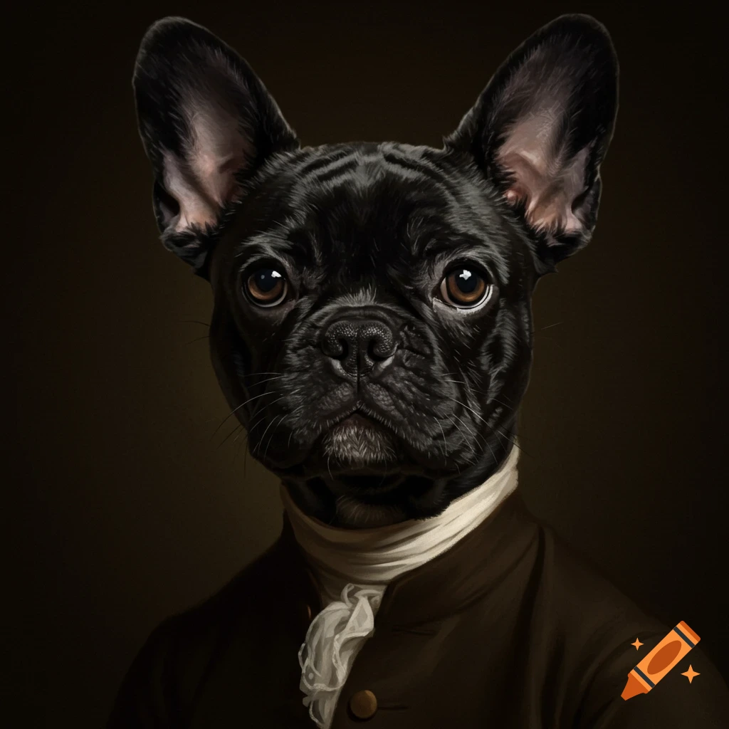 A black French bulldog in historical attire posing for a portrait.