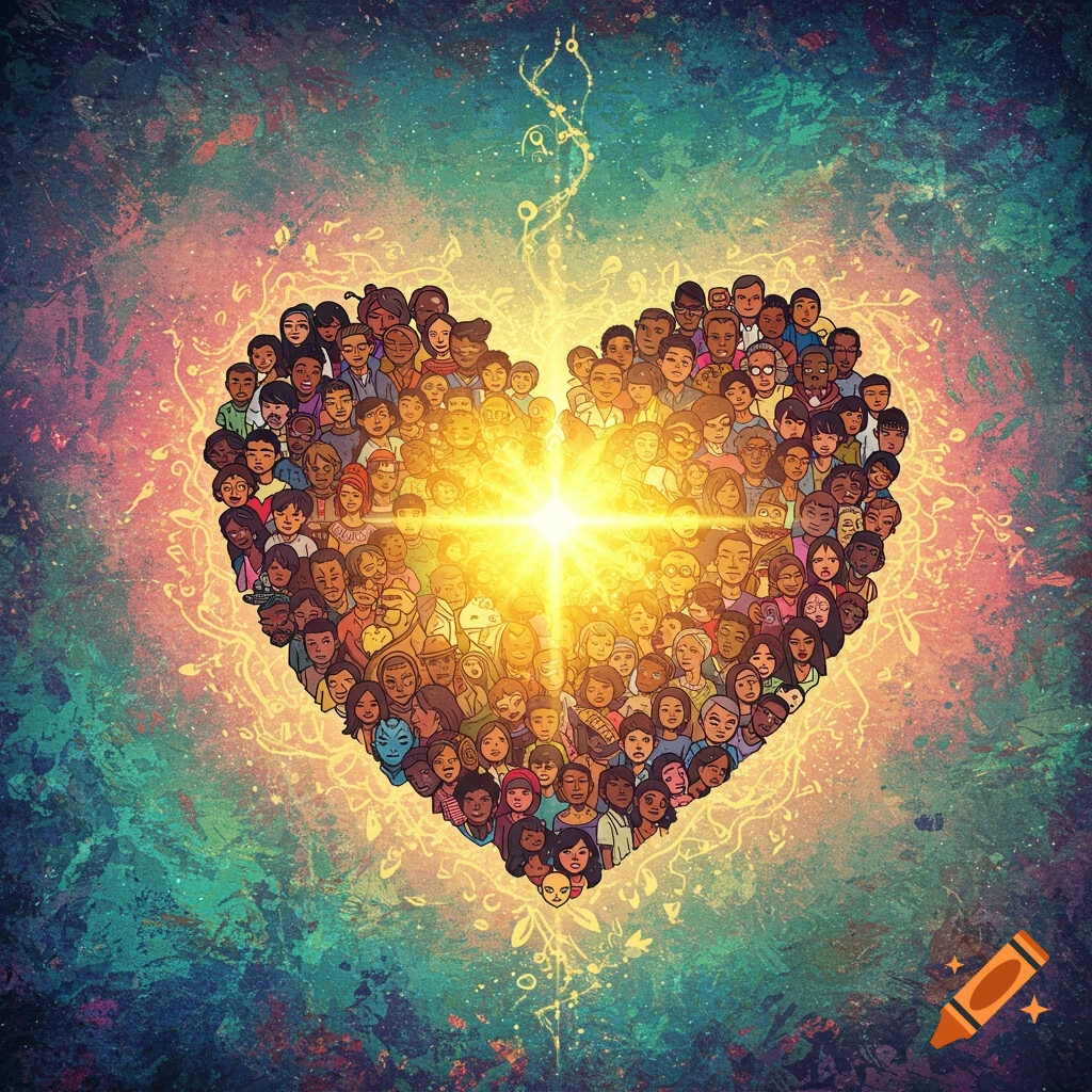 A heart shape formed by a diverse crowd of people's faces glows with light in the center, set against a colorful cosmic background with swirling musical notes.