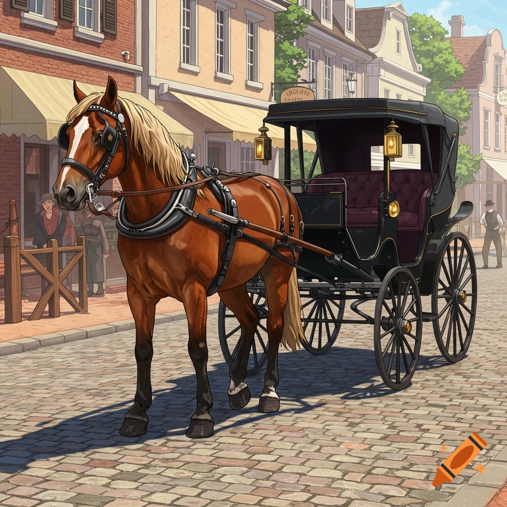 A horse pulling a black carriage on a cobblestone street in a historic town.