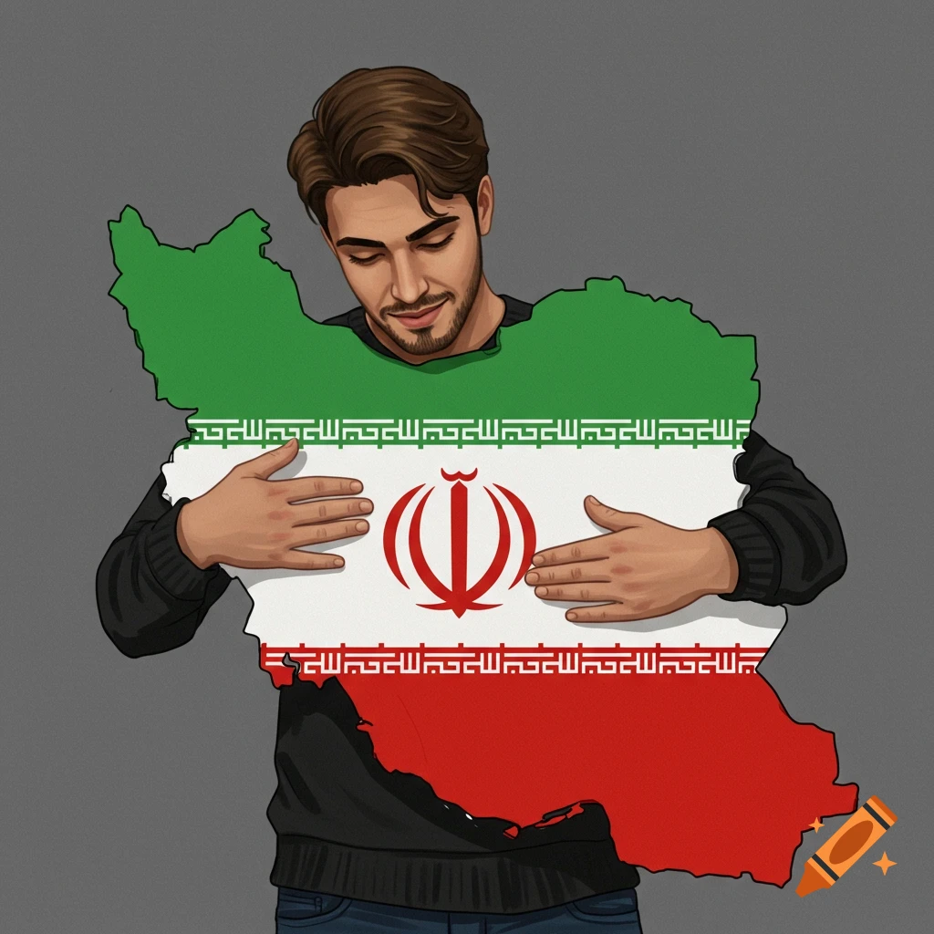 A man is hugging a map of Iran that features the Iranian flag.