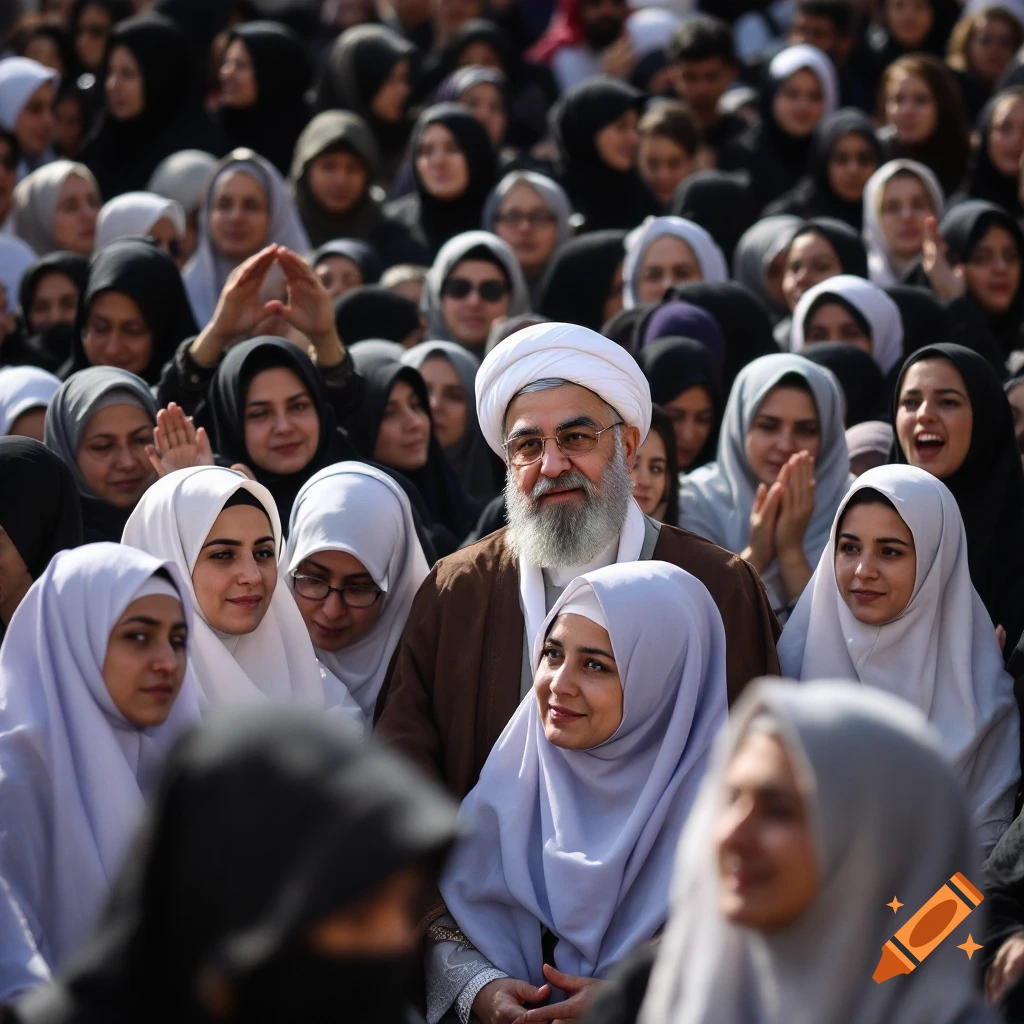 Man in turban surrounded by a large crowd of women wearing headscarves, photorealistic.