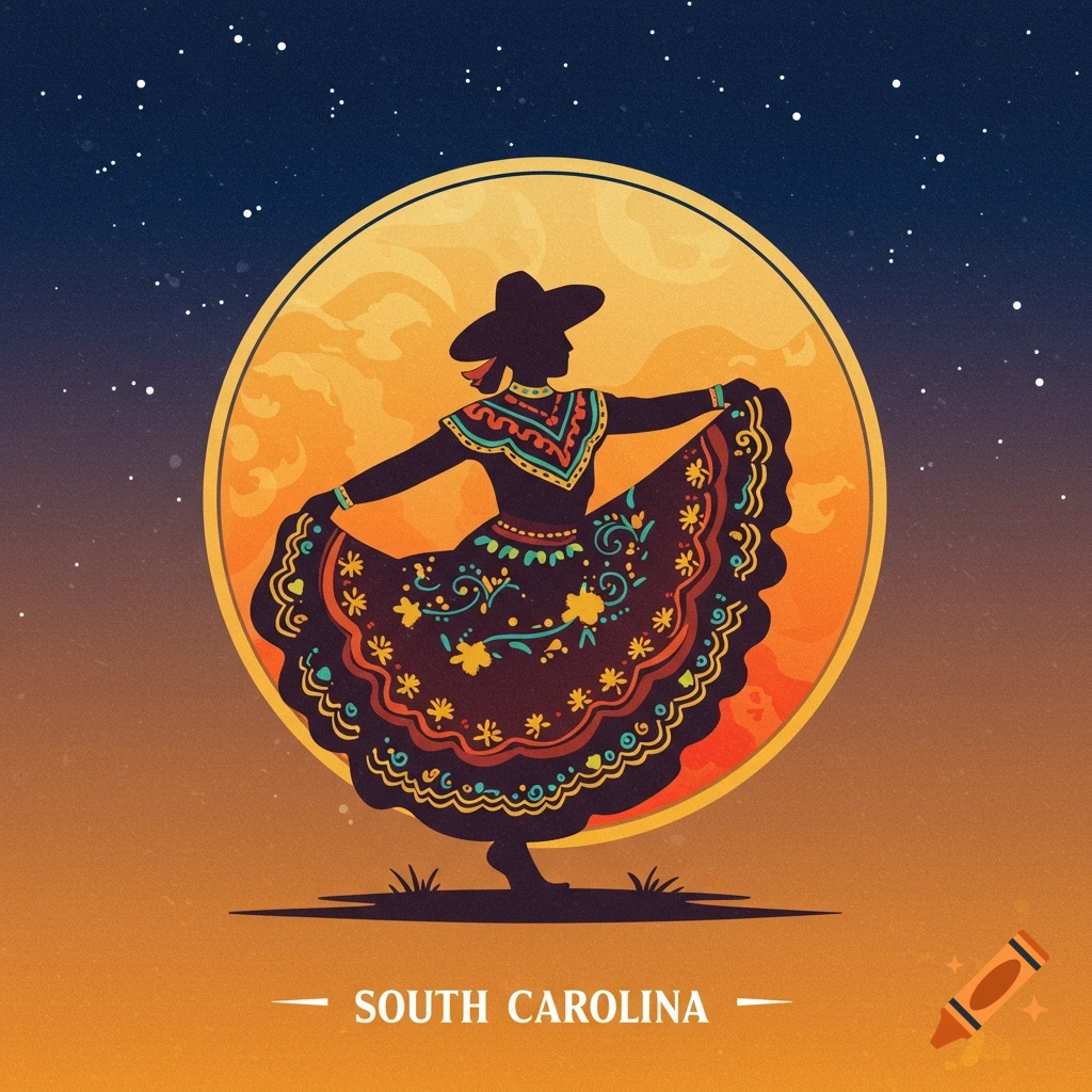 Stylized illustration of a figure dancing in traditional folklore attire against a large moon and starry sky with 'SOUTH CAROLINA' text.