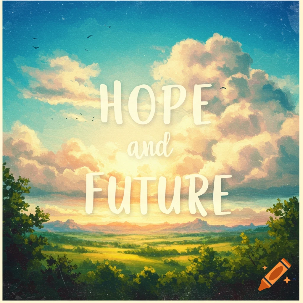 A sunny landscape with clouds and the text "HOPE and FUTURE".