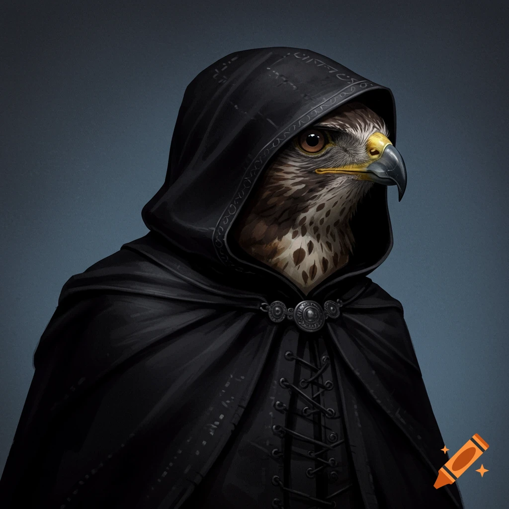 A hawk wearing a black hooded cloak