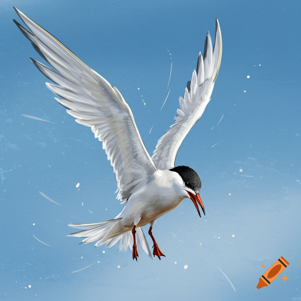 A Caspian tern bird flying against a blue sky.